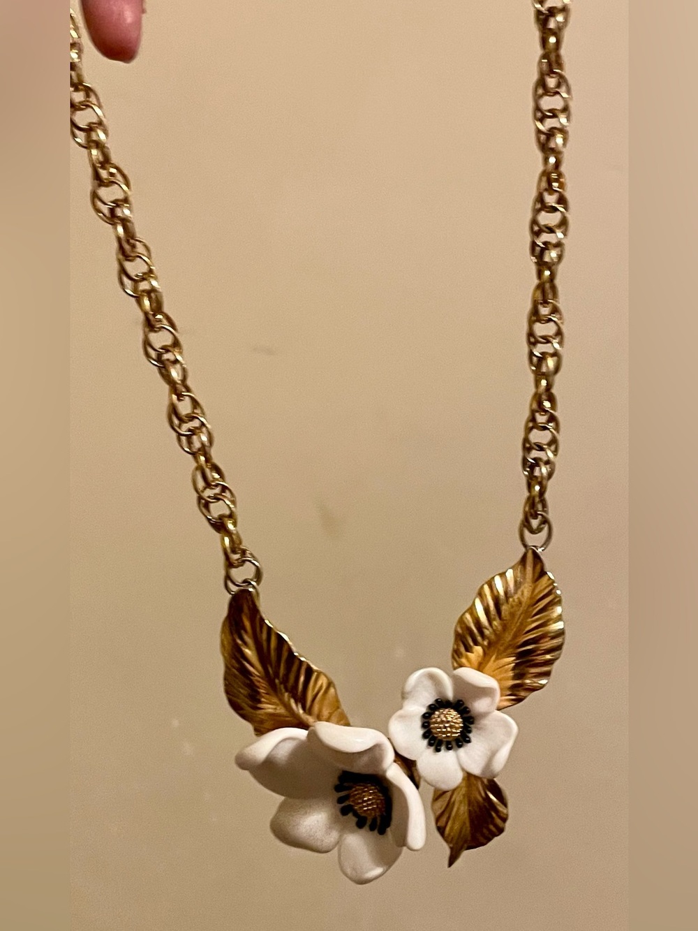 Louis Feraud Gold and White Floral Leaf Necklace